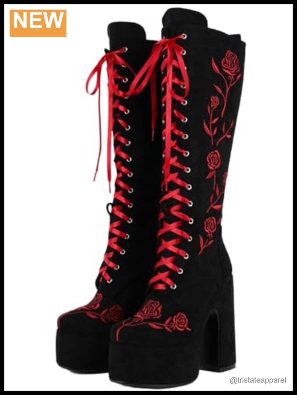 Gothic Embroidered Faux Suede Platform Boots Lace Up Chunky Heel